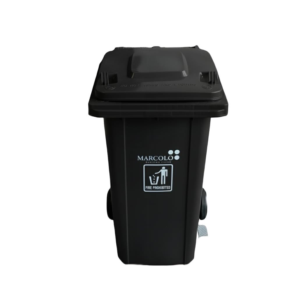 120L side-pedal waste bin with wheels - black, front view on white background