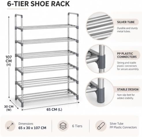 6-tier silver shoe rack dimensions 65 x 30 x 107 cm