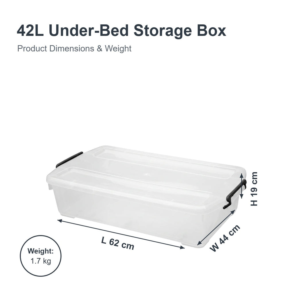 Marcolo 42L underbed storage box size diagram, 62 × 44 × 19 cm, weight 1.7 kg