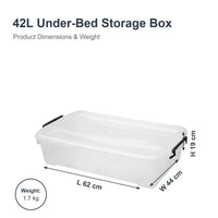 Marcolo 42L underbed storage box size diagram, 62 × 44 × 19 cm, weight 1.7 kg
