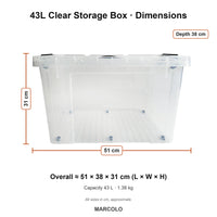 43L Clear Storage Box with Wheels & Lid – dimensions