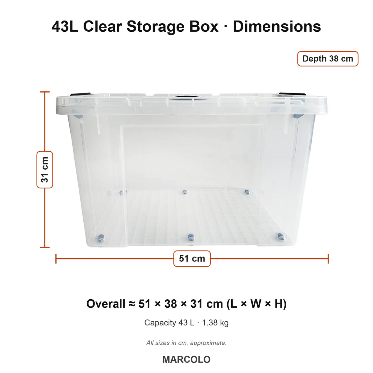 43L Clear Storage Box with Wheels & Lid – dimensions