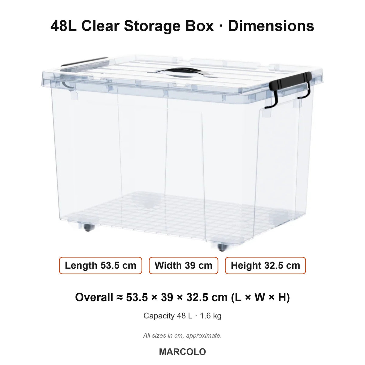 48L Clear Storage Box with Locking Lid & Side Handles – dimensions