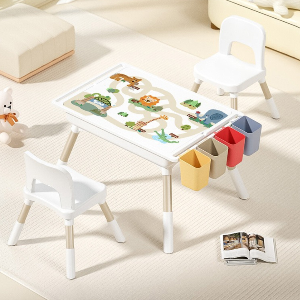 Multifunctional Kids Activity Table & 2 Chairs Set | Adjustable Height | Building Block, Study, Drawing, Sand & Water Play