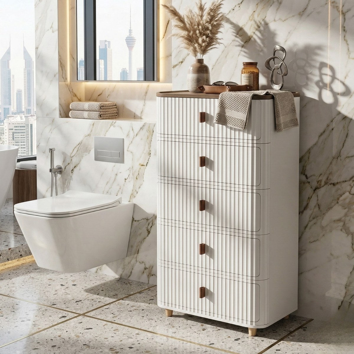Marcolo white 5-layer storage cabinet in bathroom setting