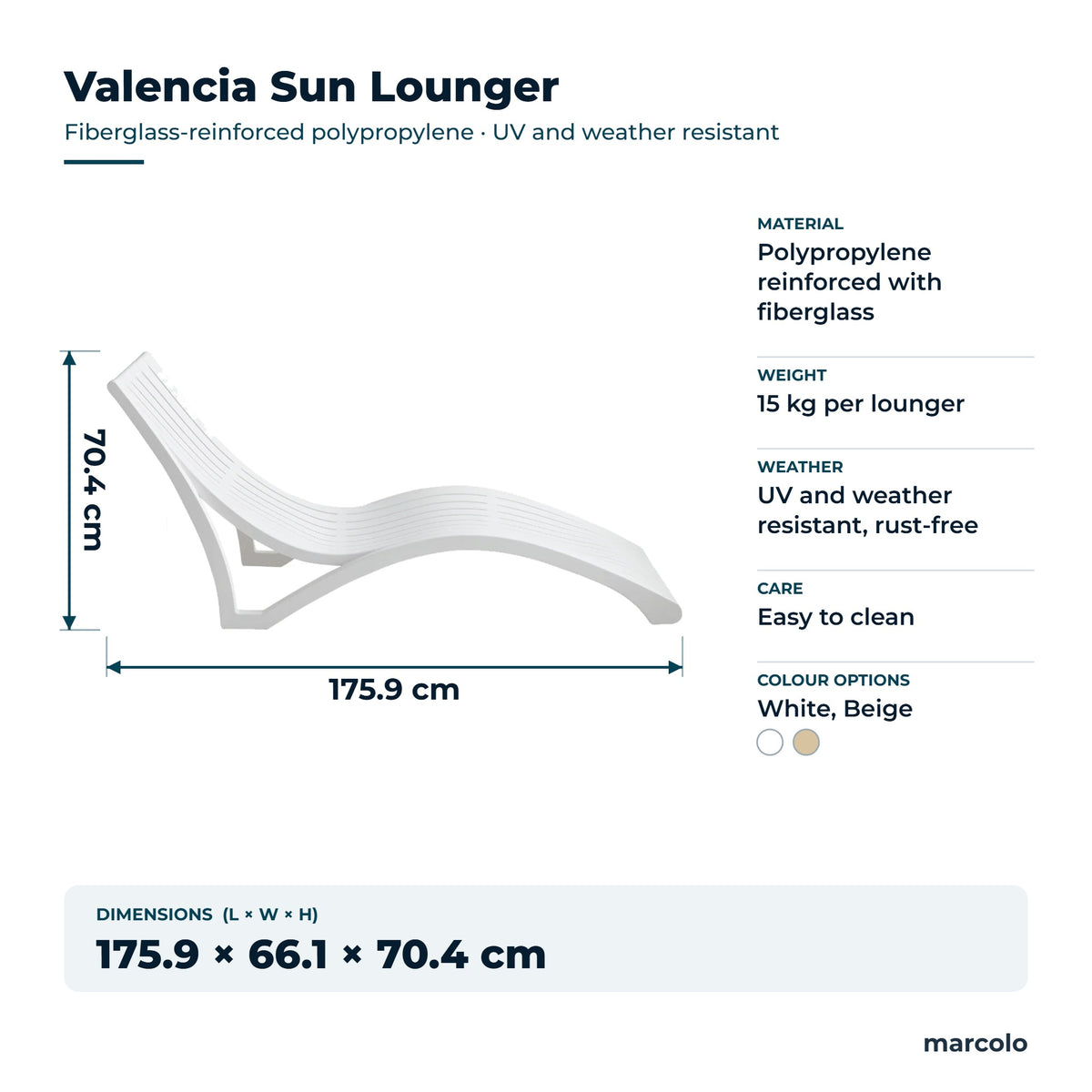 Valencia sun lounger size: 175.9 × 66.1 × 70.4 cm, 15 kg, fiberglass-reinforced polypropylene