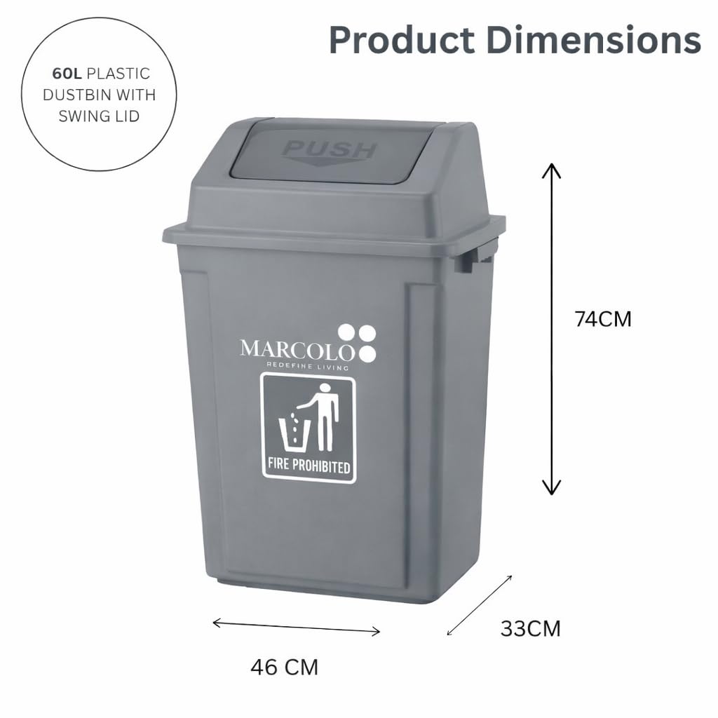 60L push-top waste bin - grey, dimensions 46 × 33 × 74 cm