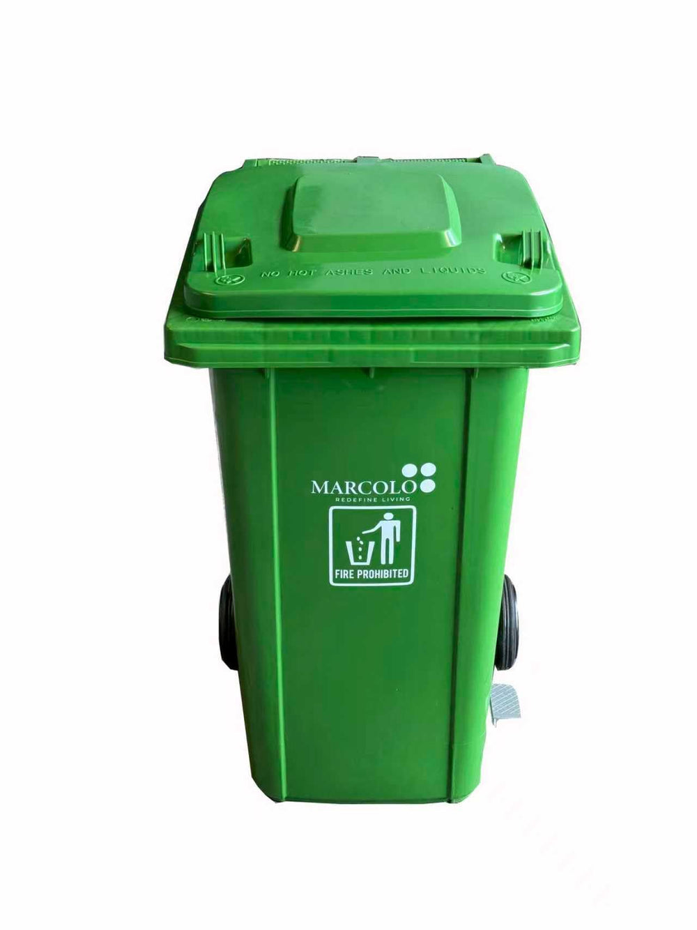 120L side-pedal waste bin with wheels - green, front view on white background