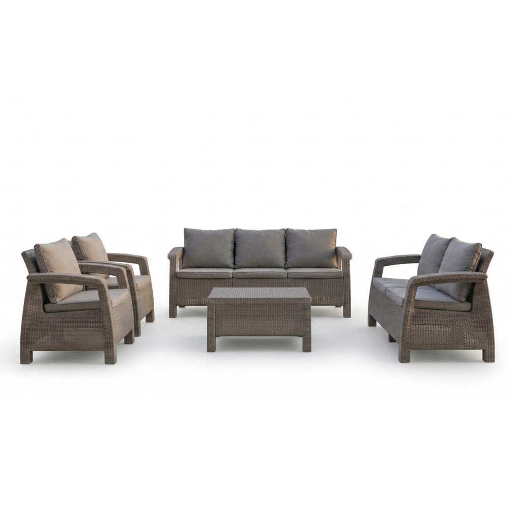 Havana 7-seater outdoor sofa set 3+2+1+1 in grey with dark grey seat and back cushions and coffee table