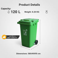 120L side-pedal waste bin with wheels - product details: 120 L, 8.2 kg, 58 × 49 × 95 cm