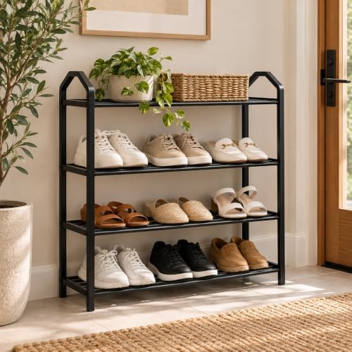Black 4-tier slim shoe rack with shoes in an entryway