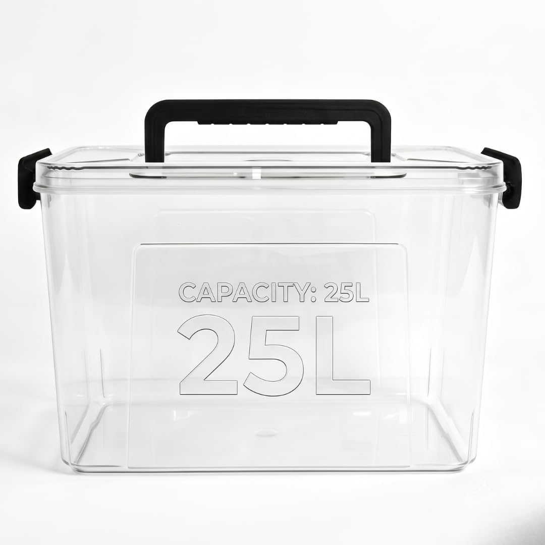 25L Super Clear PET storage box with locking lid - in use