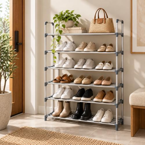 Silver 6-tier metal shoe rack filled with shoes
