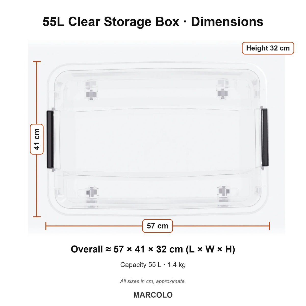 55L Clear Storage Box with Wheels & Locking Lid – dimensions