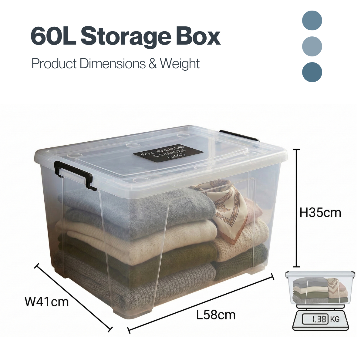 60L Storage Box with Lid – Durable Stackable Organizer (58×41×35 cm)