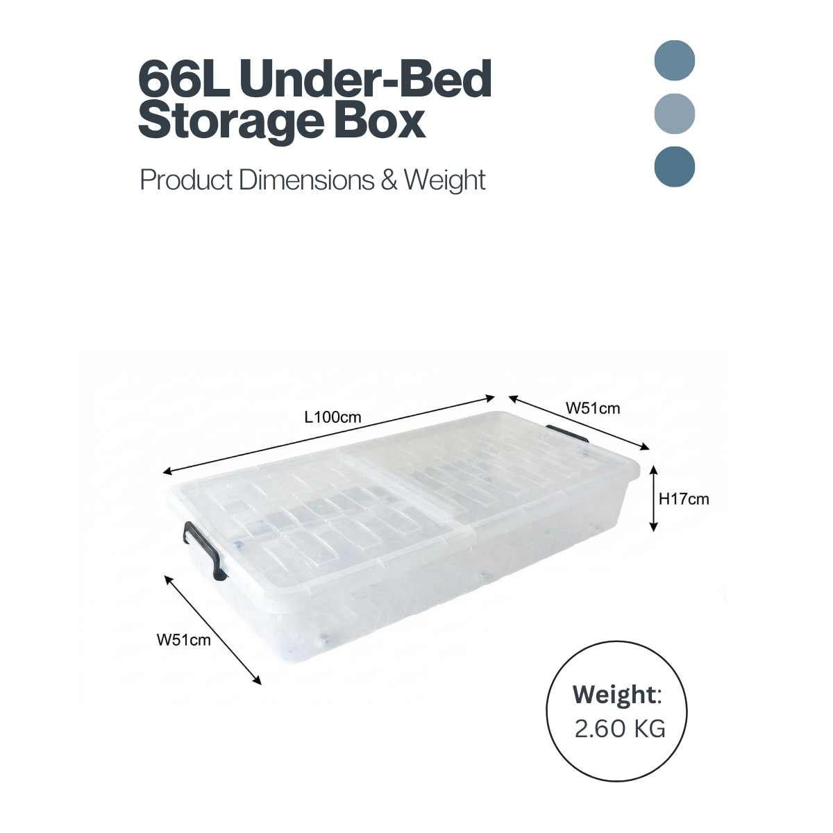 66L Underbed Storage Box with Lid – Slim Space-Saving Organizer (100×51×17 cm)