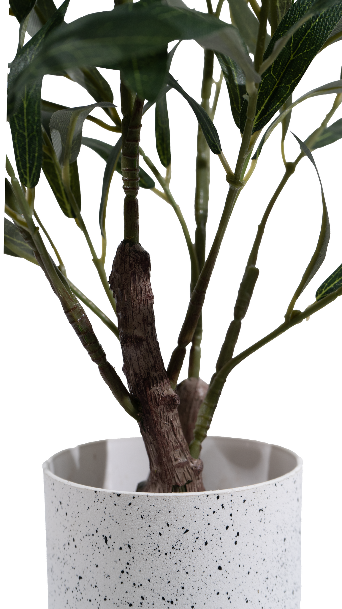 Marcolo artificial olive tree stem detail in a white pot.