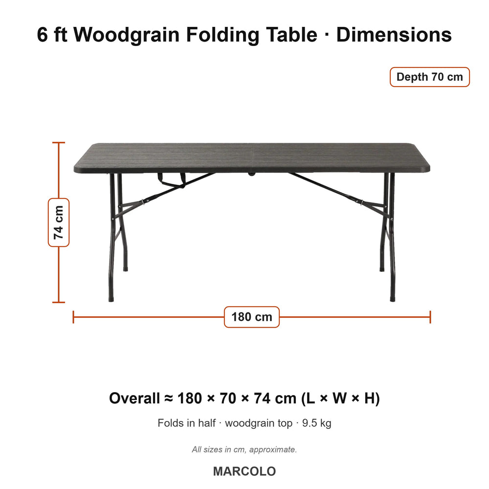 6 ft Woodgrain Rectangular Folding Table – dimensions