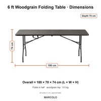 6 ft Woodgrain Rectangular Folding Table – dimensions