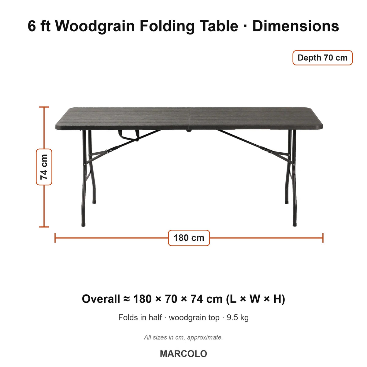 6 ft Woodgrain Rectangular Folding Table – dimensions