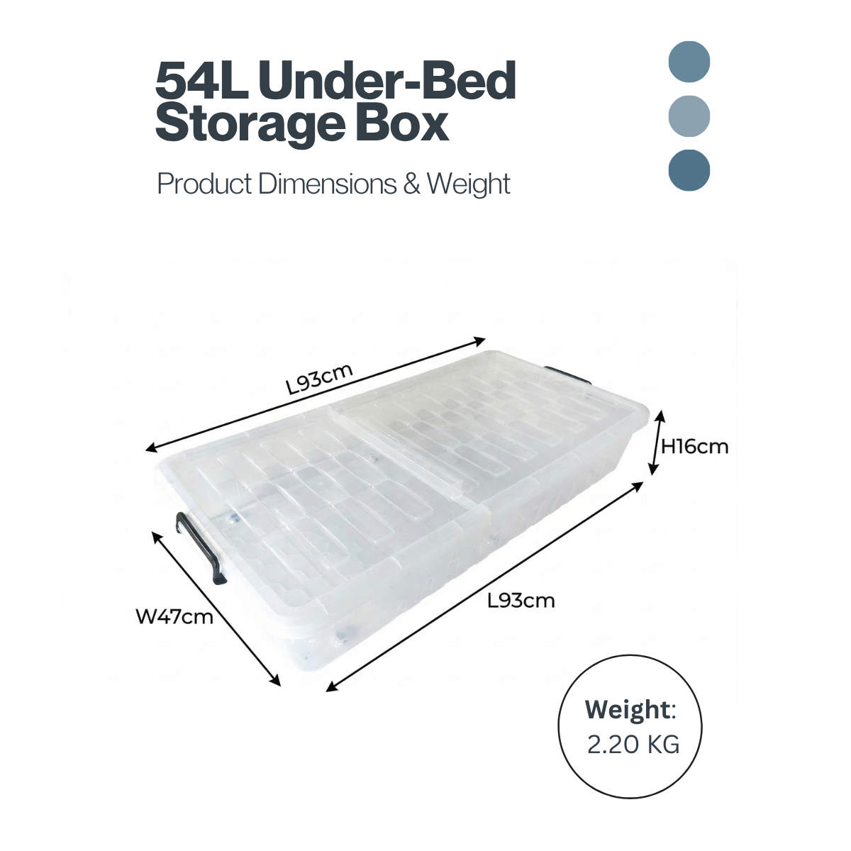 54L Underbed Storage Box with Lid – Slim Space-Saving Organizer (93×47×16 cm)