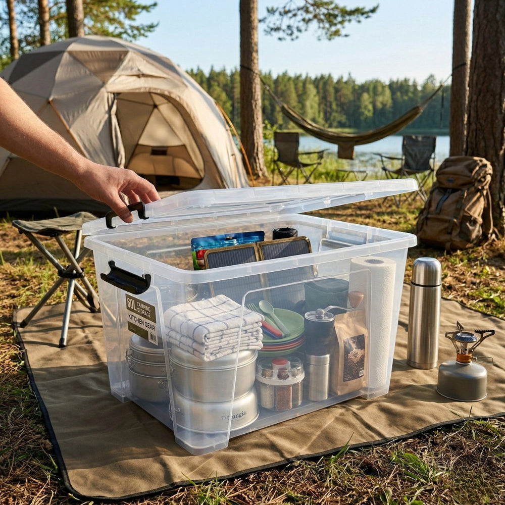 Marcolo 60L clear storage box with wheels used for camping gear outdoors