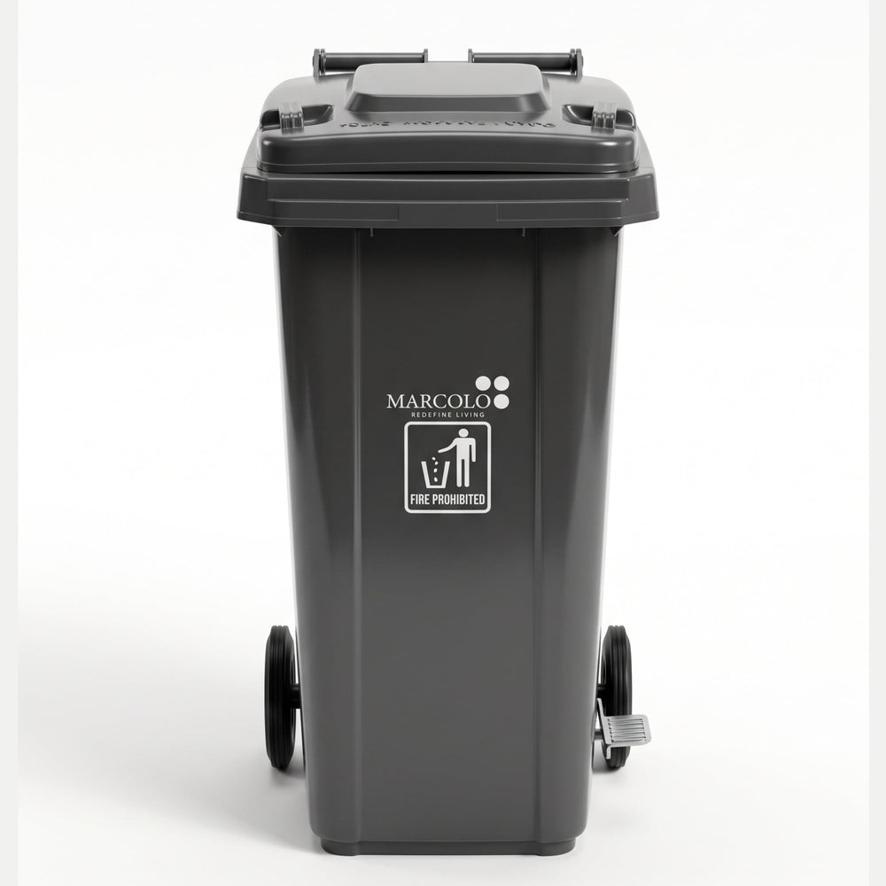 100L side-pedal waste bin with wheels - grey, front view on white background