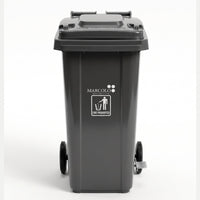 100L side-pedal waste bin with wheels - grey, front view on white background