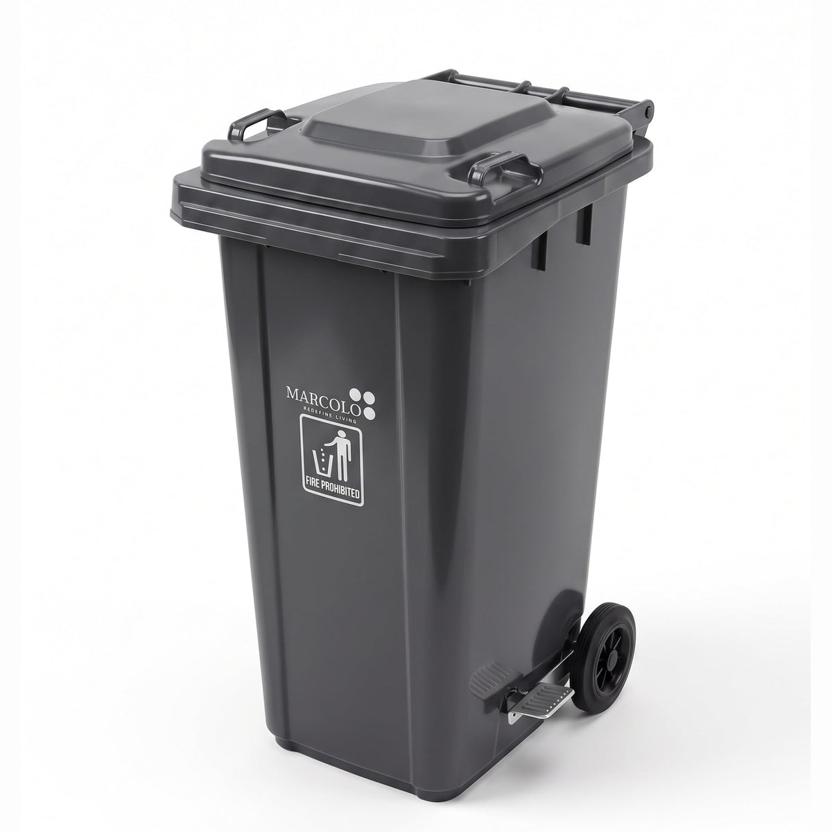 100L side-pedal waste bin with wheels - grey, angled view with side pedal