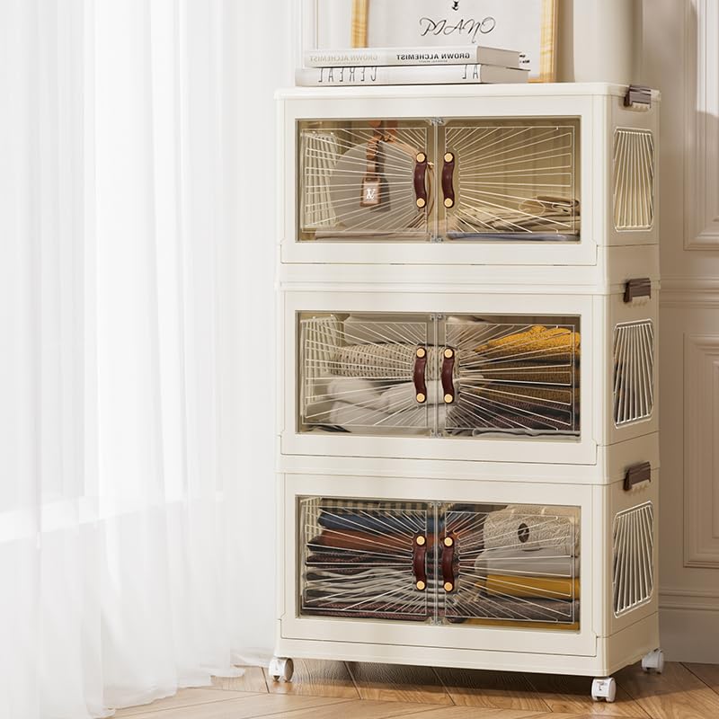 3-Layer Storage Cabinet with Transparent Doors & Wheels (60x36x99CM)