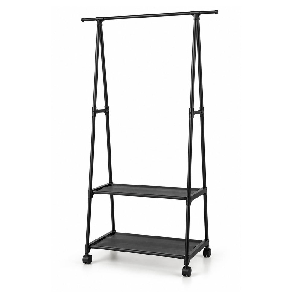 Marcolo Smart 2-tier black garment rack with wheels and two shelves
