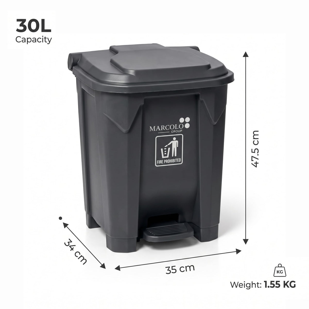 30L ROM pedal waste bin with lid - dimensions 35 × 34 × 47.5 cm, 1.55 kg