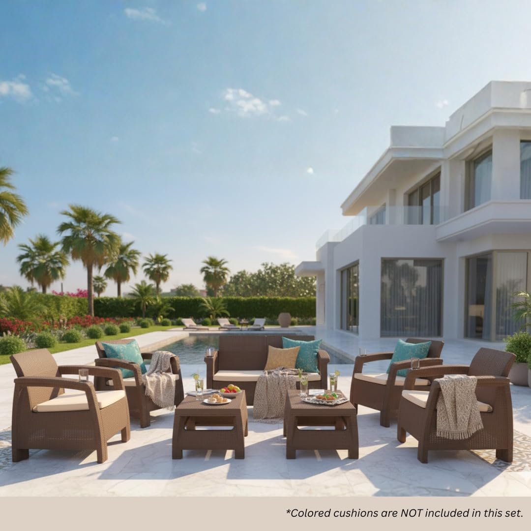 Havana 6-seater outdoor sofa set styled on a villa terrace; the coloured scatter cushions are decoration and are not included in the set