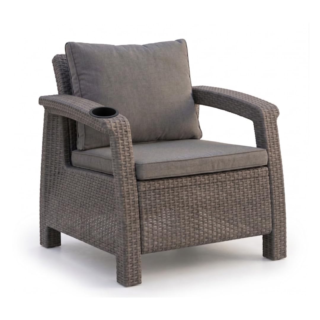 Grey Havana armchair with dark grey seat and back cushions and built-in cup holder