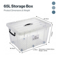 Marcolo 65L clear storage box with wheels size diagram with dimensions and weight