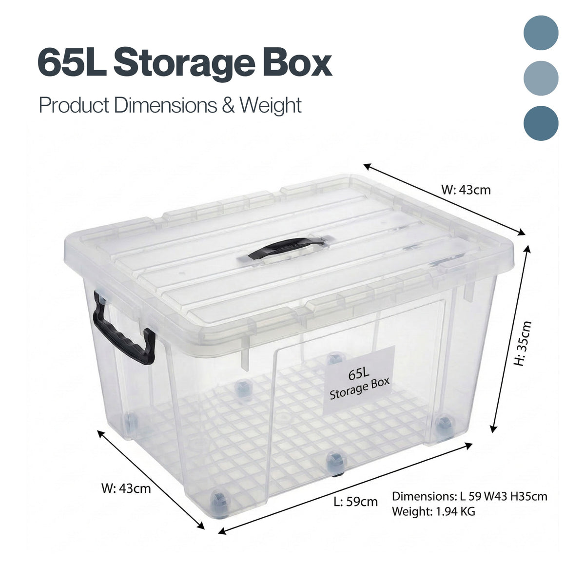 Marcolo 65L clear storage box with wheels size diagram with dimensions and weight