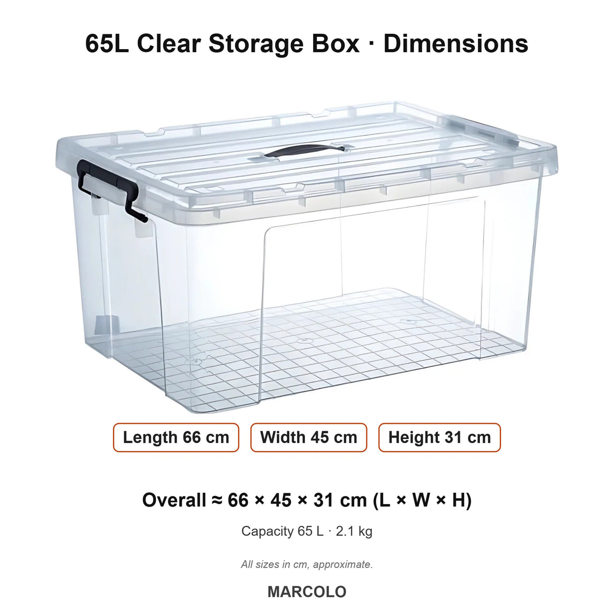 65L Clear Storage Box with Locking Lid & Handles – dimensions