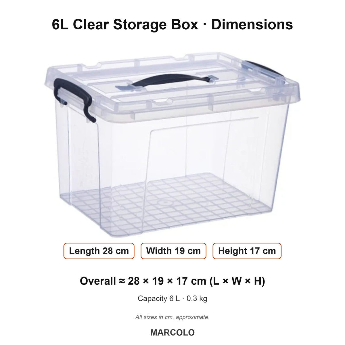 6L Clear Storage Box with Handle & Secure Lid – dimensions