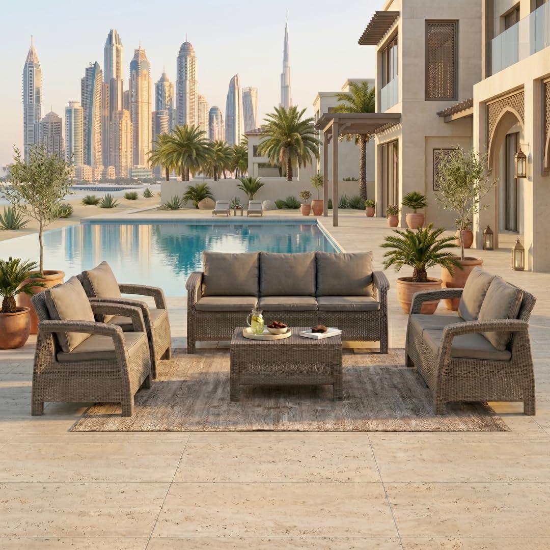 Grey Havana 7-seater sofa set with seat and back cushions by a pool with the Dubai skyline
