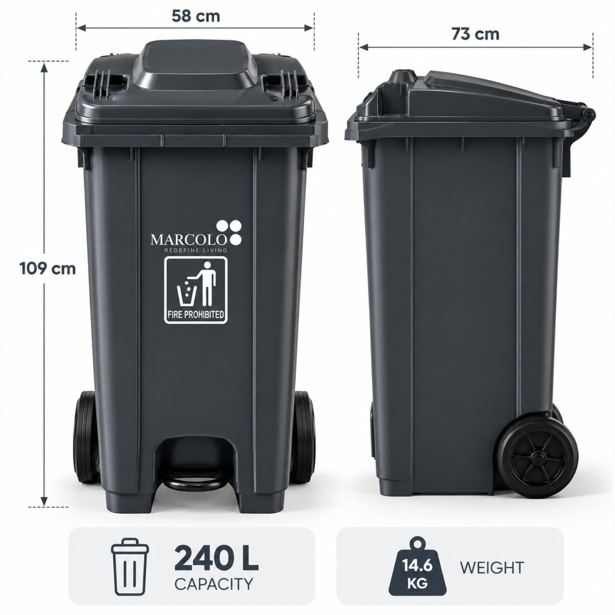 240L central-pedal heavy-duty waste bin - grey, dimensions 58 × 73 × 109 cm, 240 L, 14.6 kg