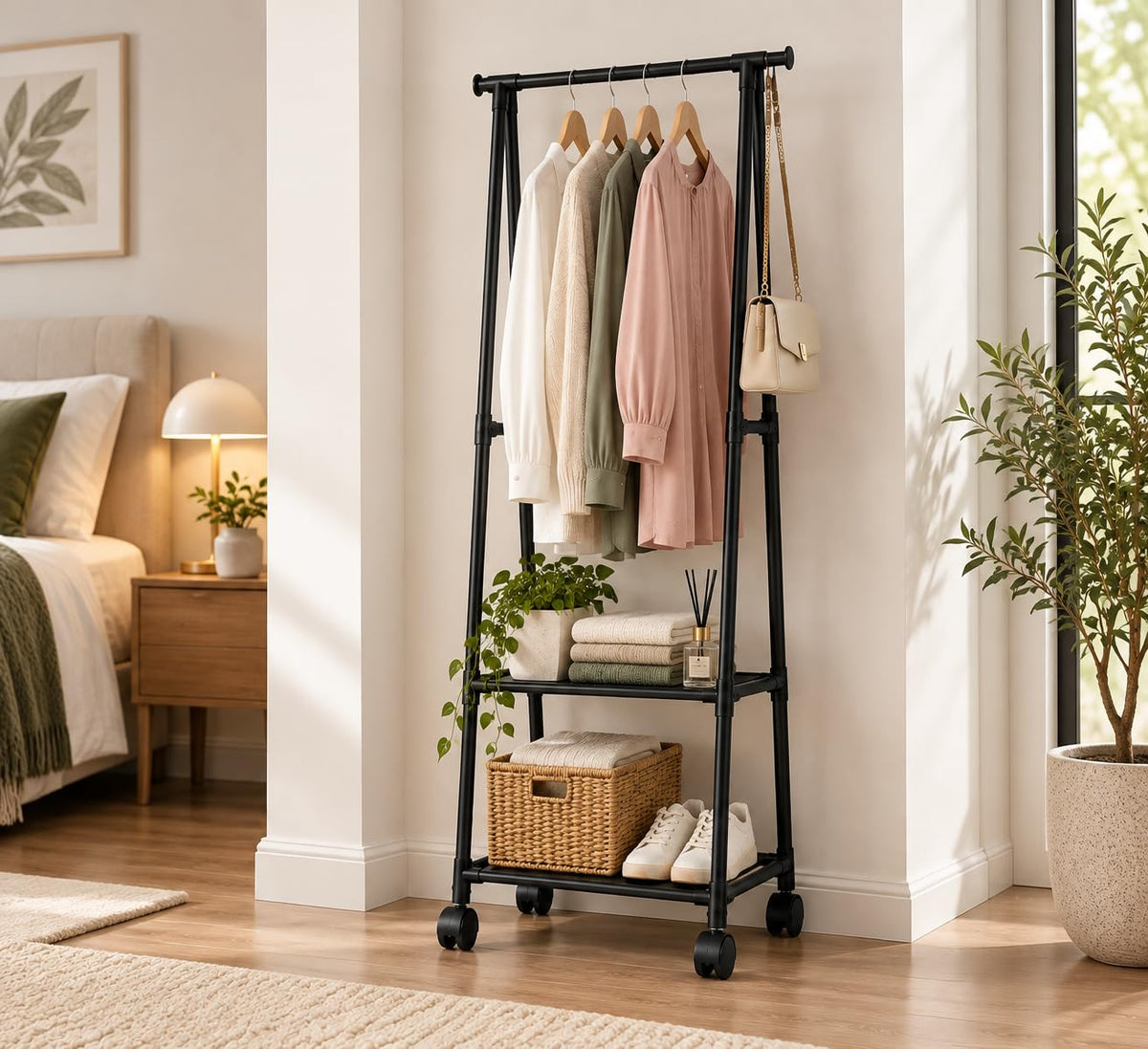 Smart 2-tier garment rack with clothes and storage boxes