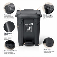 30L ROM pedal waste bin with lid - feature callouts: lid, hinges, plastic, foot pedal, base