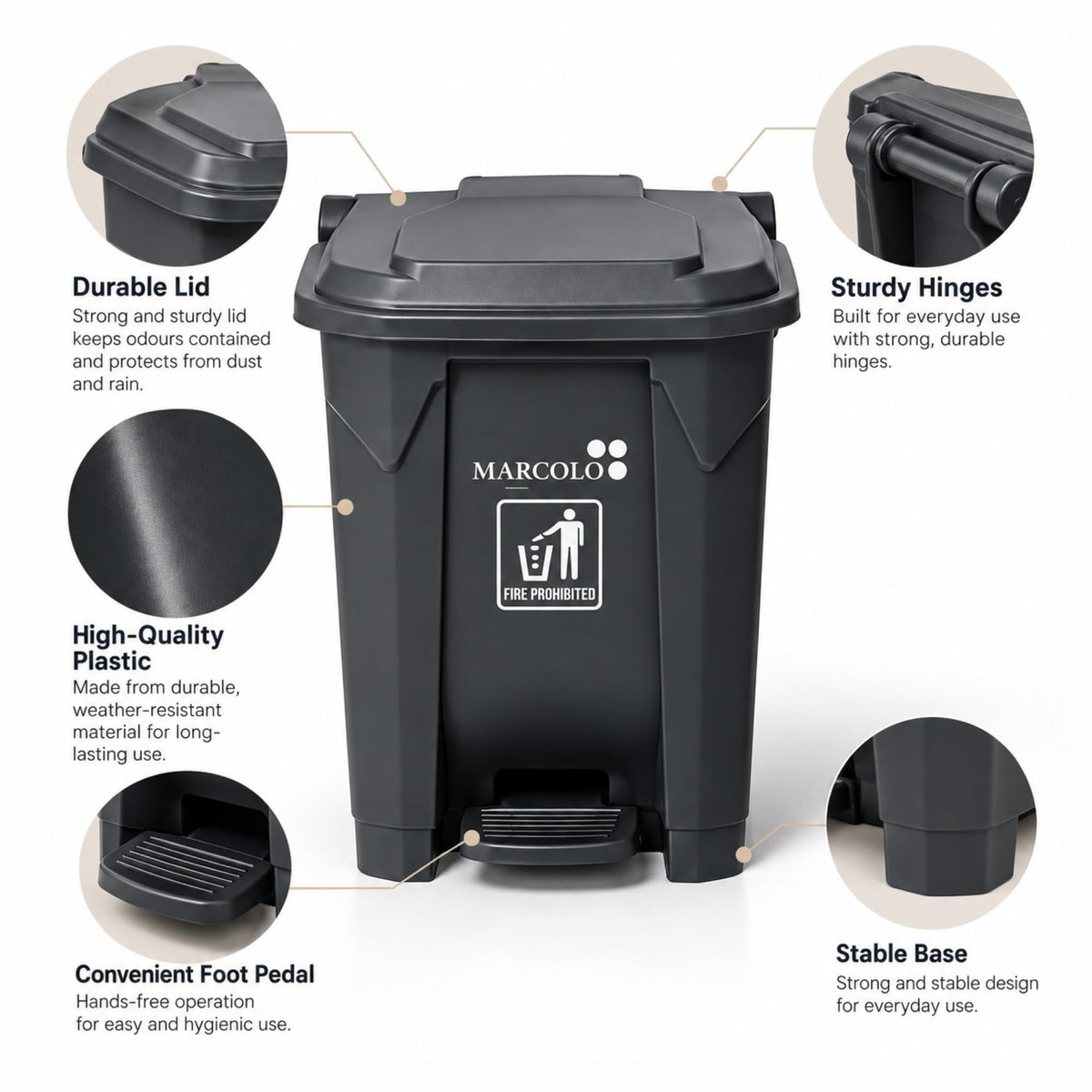 80L ROM pedal waste bin with lid - feature callouts: lid, hinges, plastic, foot pedal, base