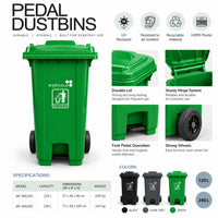 120L central-pedal heavy-duty waste bin - features and specifications for the 120L and 240L sizes