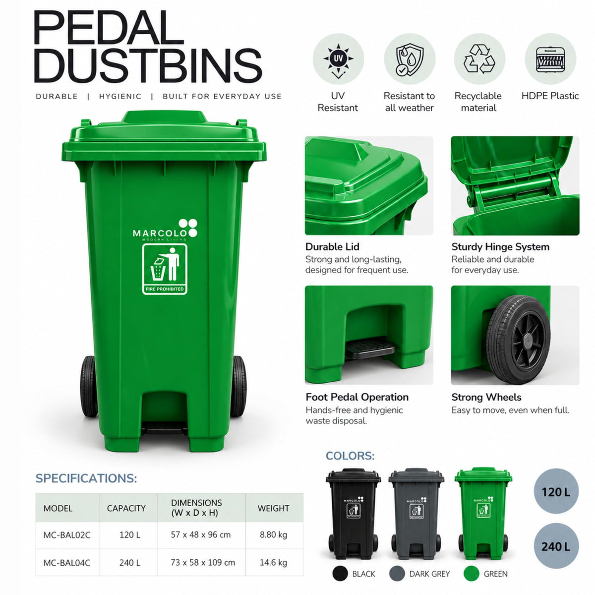 120L central-pedal heavy-duty waste bin - features and specifications for the 120L and 240L sizes