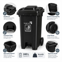 240L central-pedal heavy-duty waste bin - black, feature callouts: lid, hinge, pedal, wheels, handle