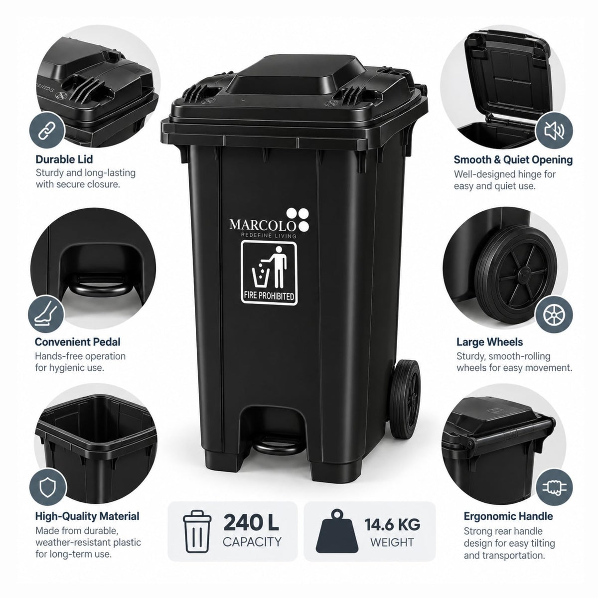 240L central-pedal heavy-duty waste bin - black, feature callouts: lid, hinge, pedal, wheels, handle