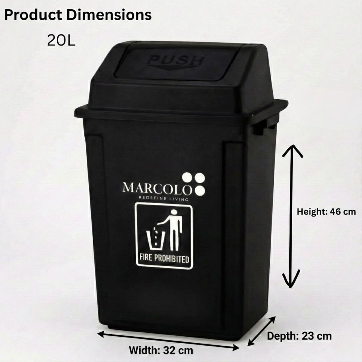 20L push-top waste bin - black, dimensions 32 × 23 × 46 cm