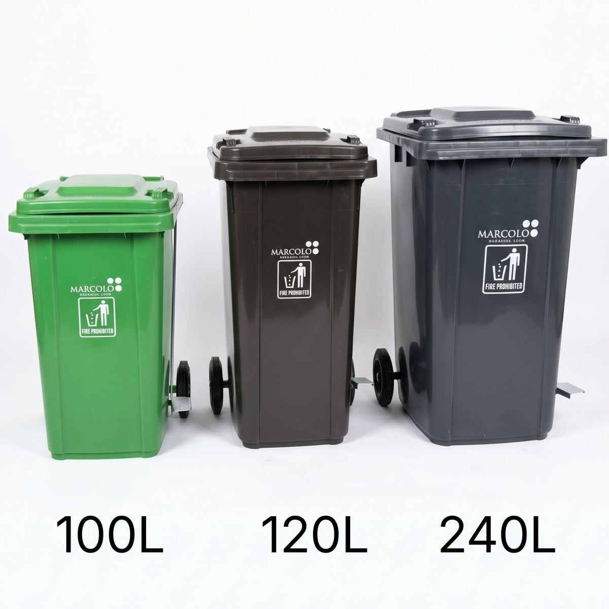 120L side-pedal waste bin with wheels - size comparison with the 100L and 240L bins