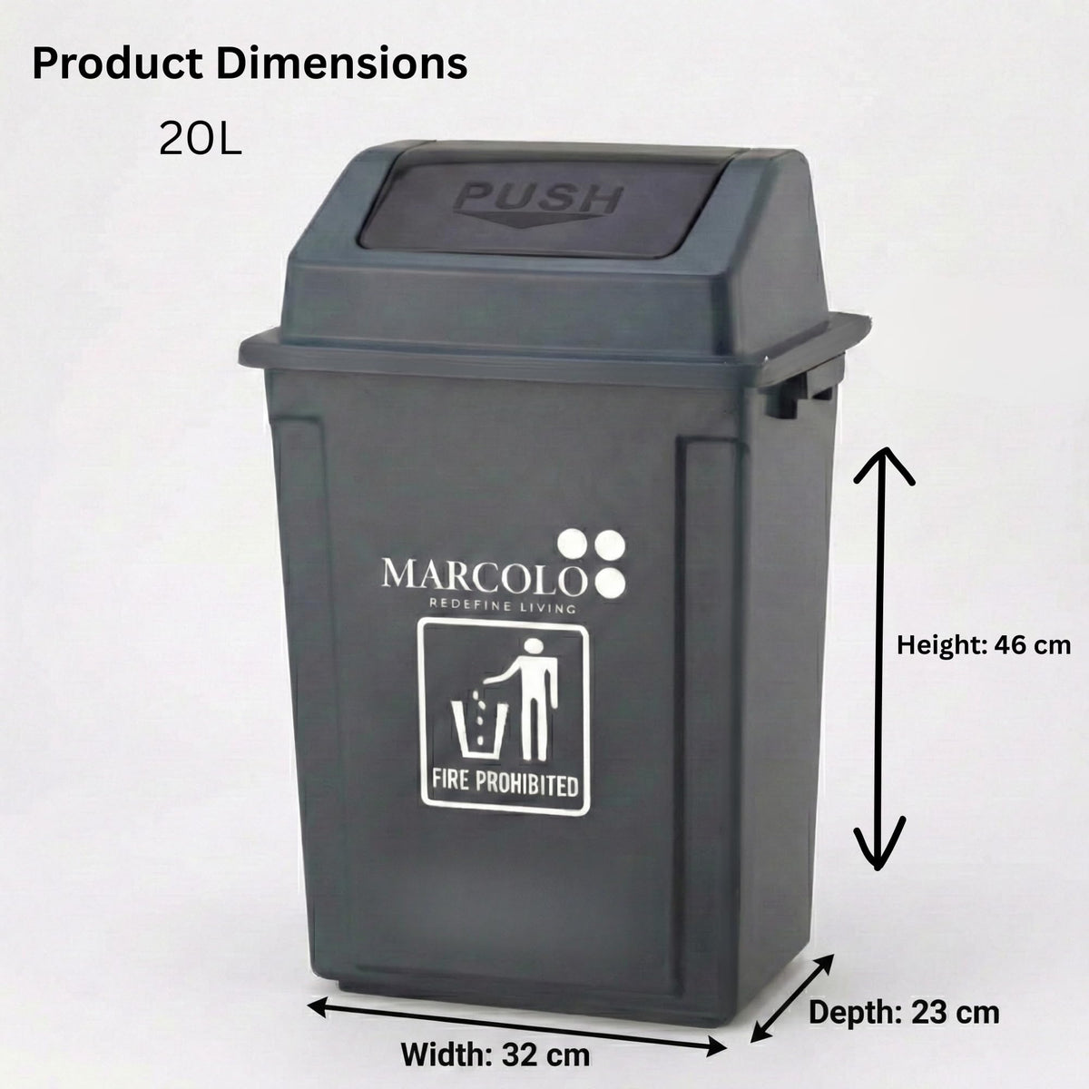 20L push-top waste bin - grey, dimensions 32 × 23 × 46 cm